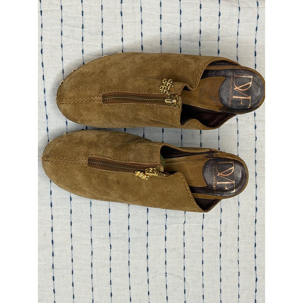 Diane von Furstenberg DVF Brown Suede Studded Wood Wedge Mules Front Zip Shoes